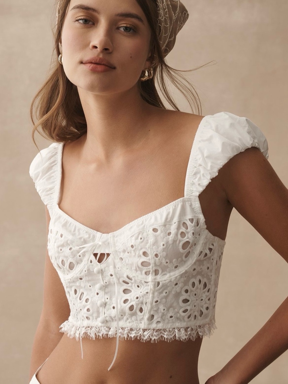 By Anthropologie Puff-Sleeve Eyelet Corset Top